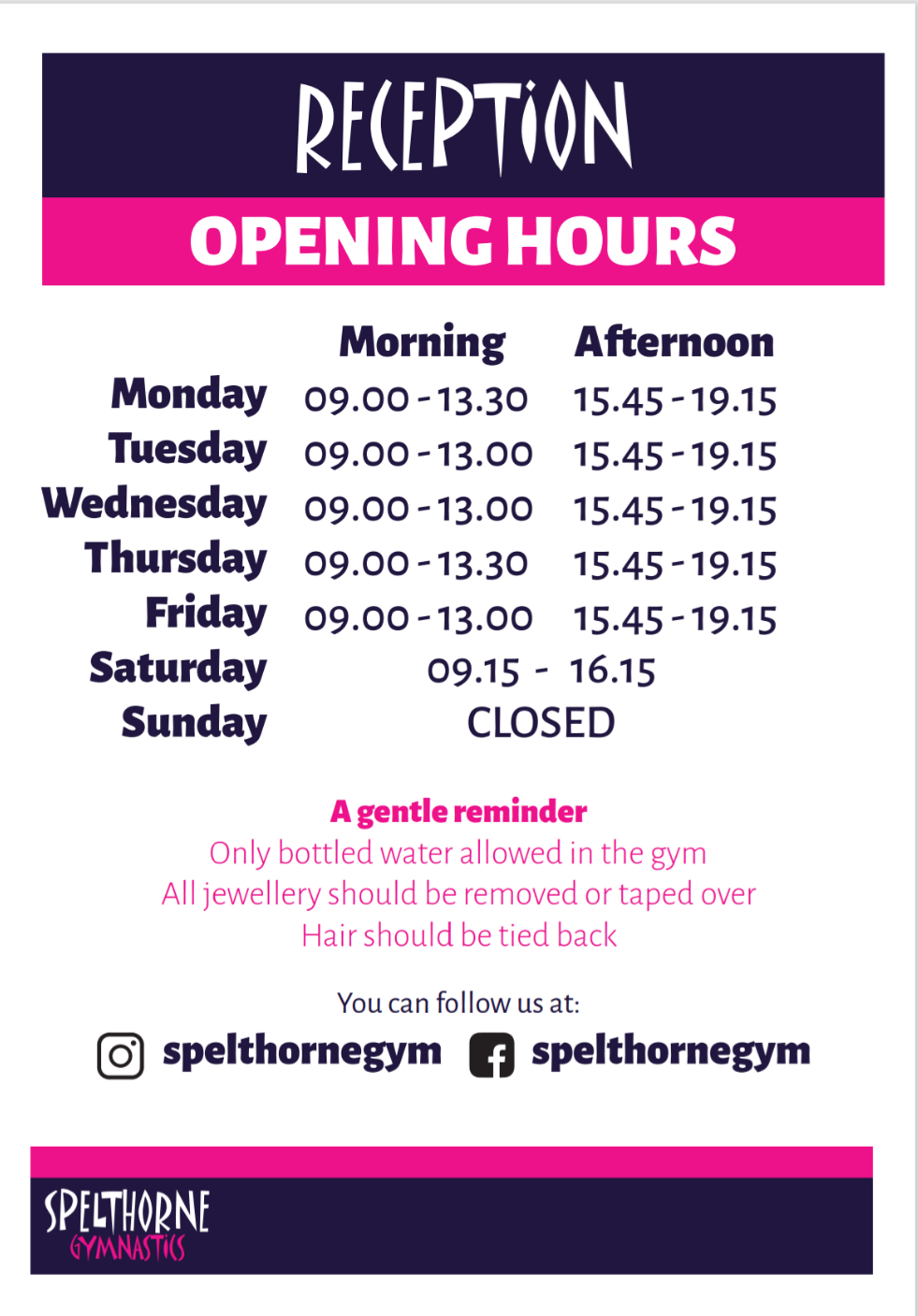 Reception Operating Hours New reception opening hours - Spelthorne Gymnastics